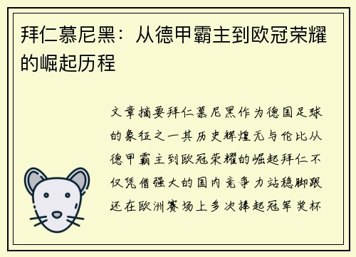 拜仁慕尼黑：从德甲霸主到欧冠荣耀的崛起历程